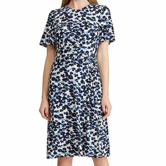 Lauren Ralph Lauren Cocktail Dress Size 16 ALine Blue Floral Stretch Event Party - Picture 1 of 13